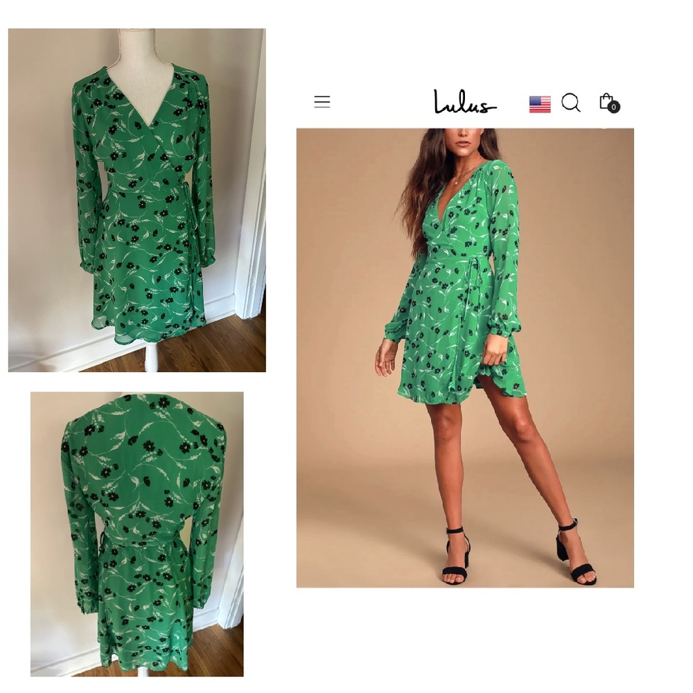 Lulu’s Green Floral Wrap Dress Medium